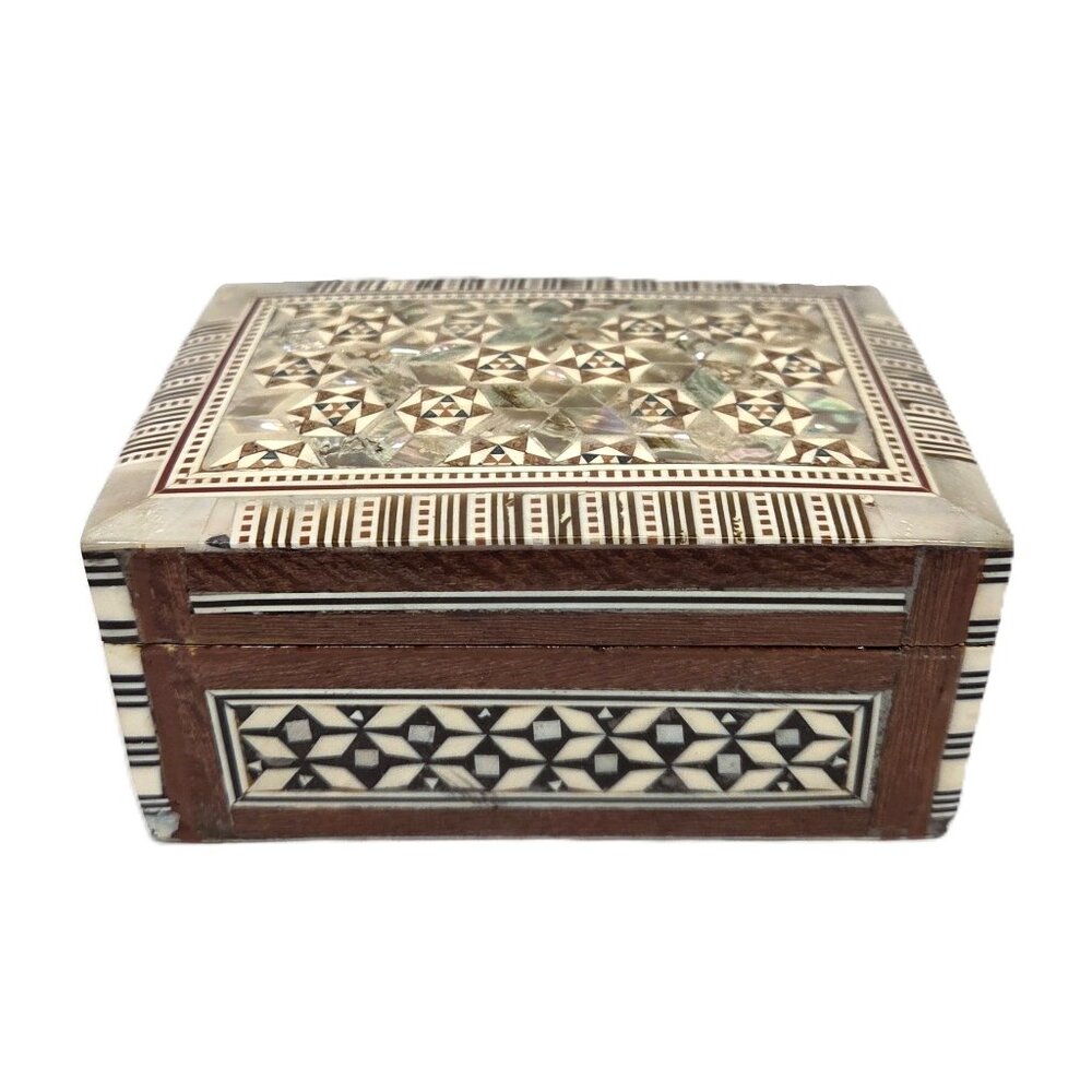 Marquetry Inlay Wood Box Desert Designs Mother of Pearl Trinket Bone Egypt